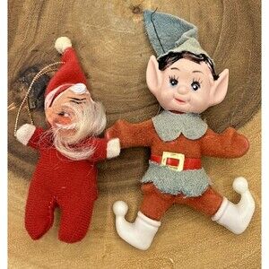 Vintage Small Rubber Face Santa, A Flocked Happy Christmas Elf 2” & 3”